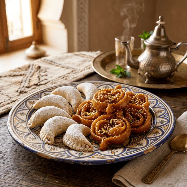 Cornes de gazelle et chebakia — pâtisseries marocaines artisanales